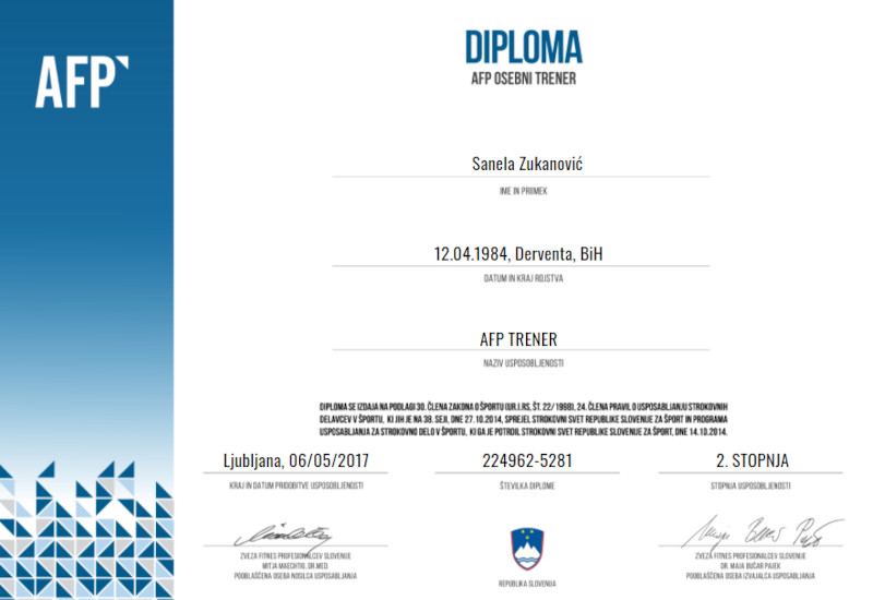 AFP Certified Personal Trainer (CPT) Certificate for Sanela Zukanovic